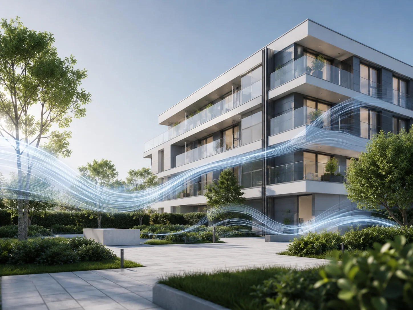 Modernes Wohngebäude mit visualisierter Luftströmung